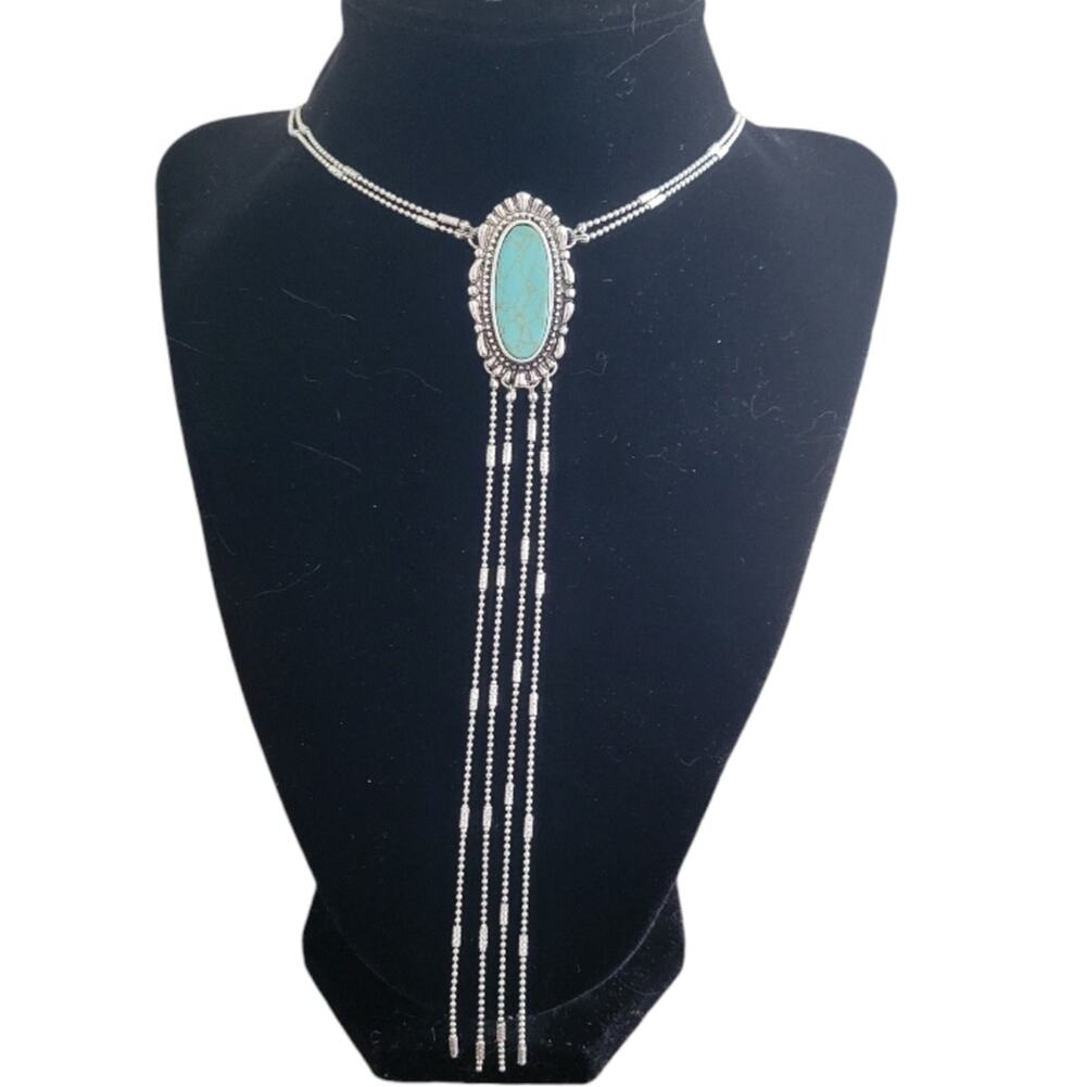 Synthetic turquoise bolo tie style lariat silver tone necklace